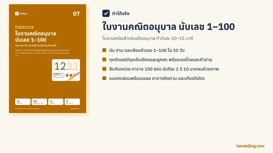 ปกใบงานคณิตอนุบาล นับเลข 1–100 พร้อมสรุปเนื้อหาในเล่ม