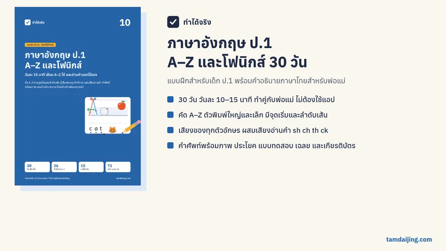 ปกแบบฝึกภาษาอังกฤษ ป.1 A–Z และโฟนิกส์ 30 วัน พร้อมสรุปเนื้อหาในเล่ม