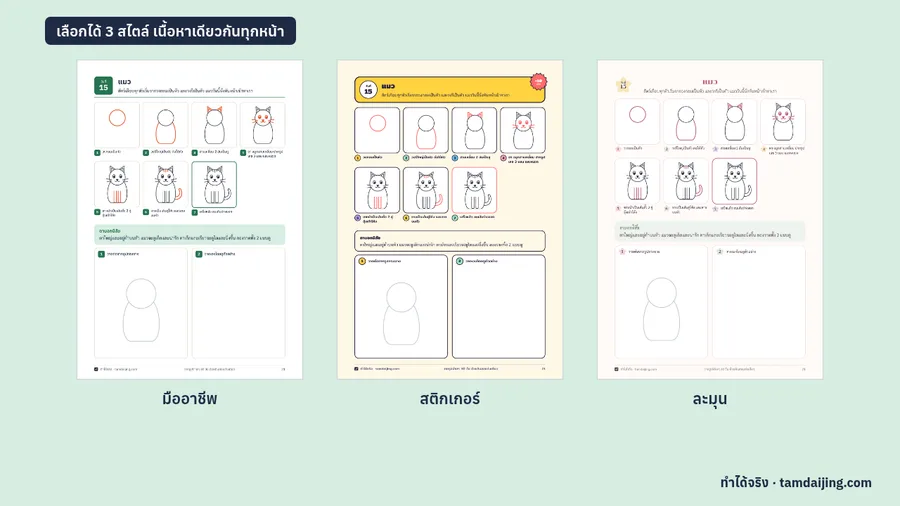 หน้าบทเรียนแมวเดียวกันใน 3 สไตล์: มืออาชีพ สติกเกอร์ และละมุน